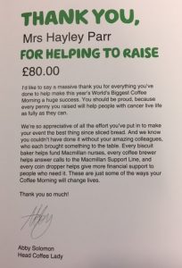 Macmillan Coffee morning thank you letter